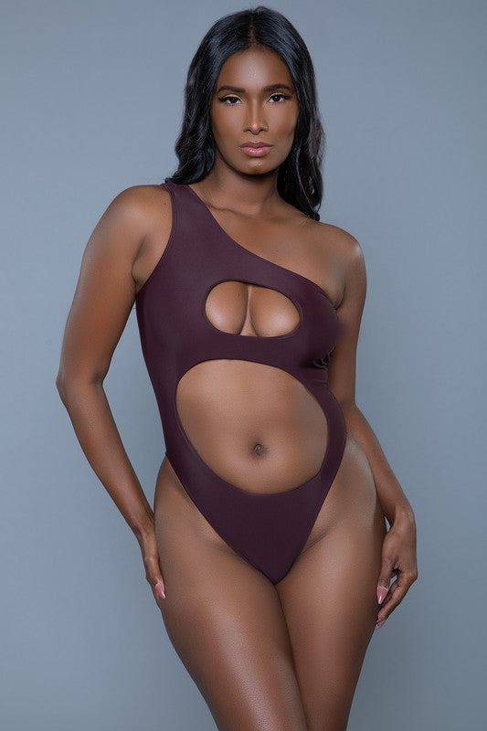 Espresso Cut Out Front Asymmetrical One Piece Swimsuit