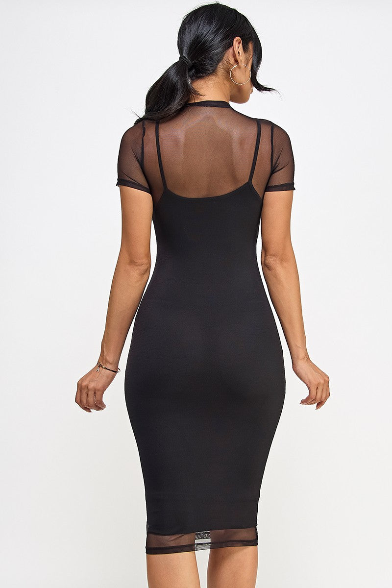 Belinda Sheer Mock Neck Bodycon Mesh Midi Dress