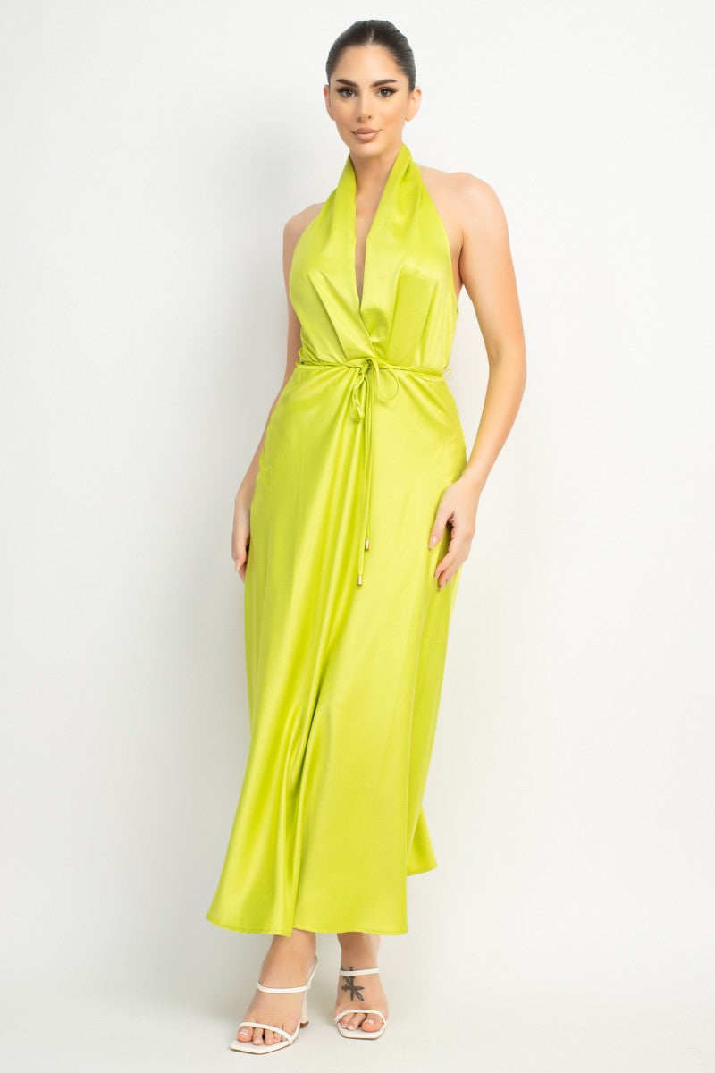 Marilyn Halter Neck Belted Satin Maxi Dress