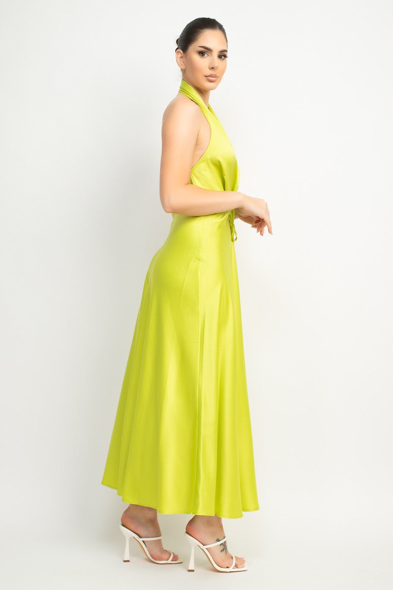 Marilyn Halter Neck Belted Satin Maxi Dress