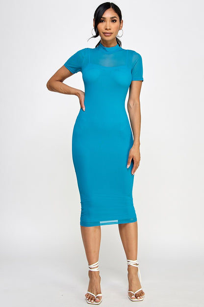 Belinda Sheer Mock Neck Bodycon Mesh Midi Dress