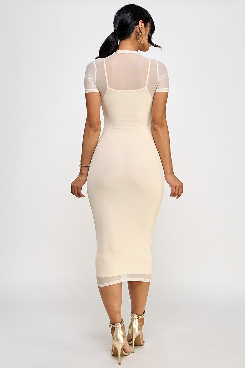 Belinda Sheer Mock Neck Bodycon Mesh Midi Dress