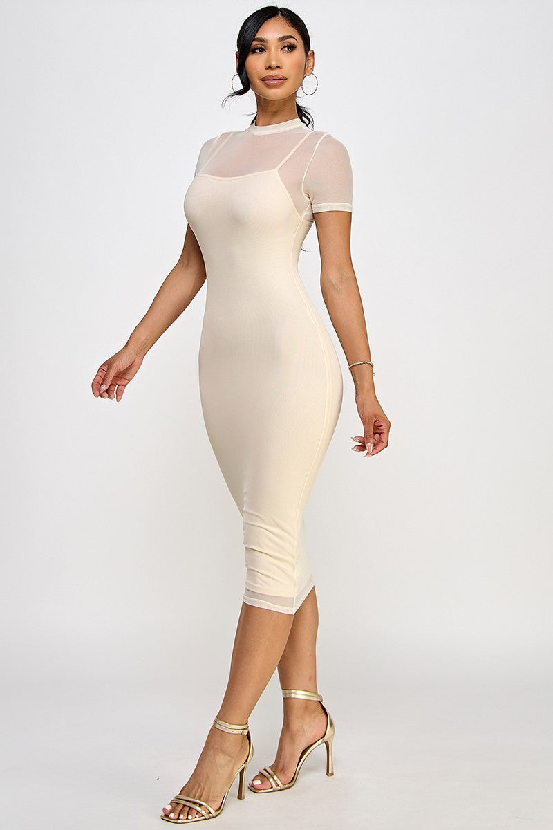 Belinda Sheer Mock Neck Bodycon Mesh Midi Dress