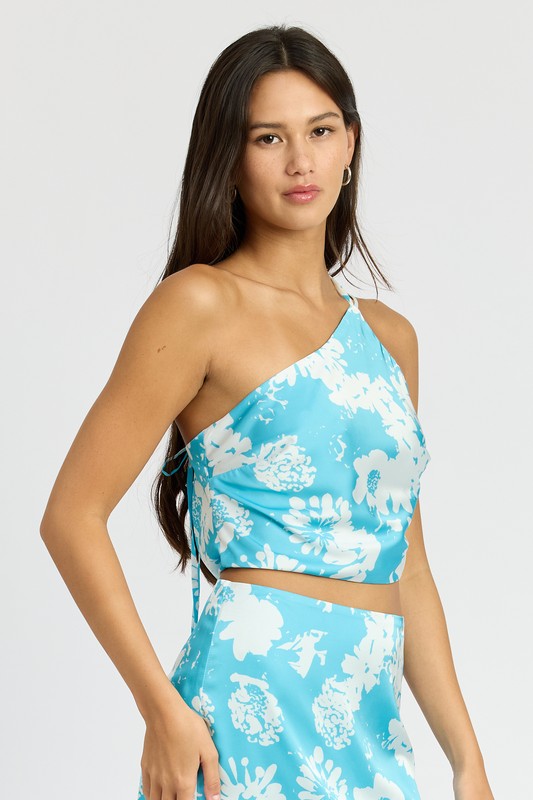 Prisha Flower Print One Shoulder Satin Cropped Top