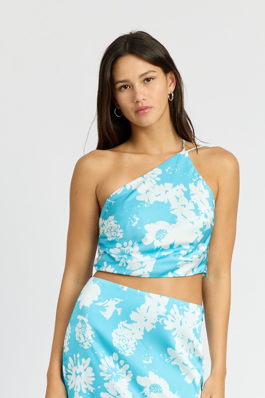 Prisha Flower Print One Shoulder Satin Cropped Top