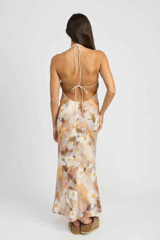 Tara Open Back Halter Satin Maxi Dress