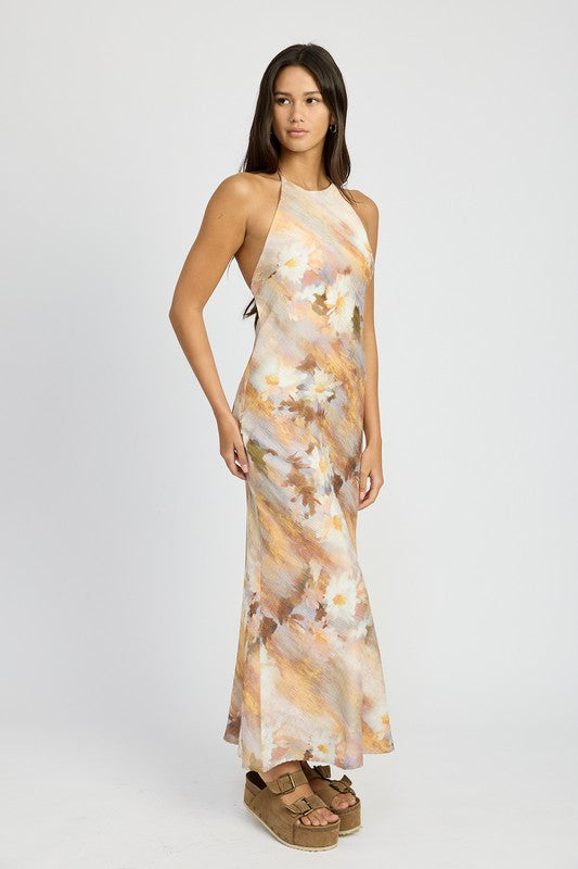 Tara Open Back Halter Satin Maxi Dress