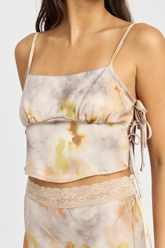 Tyra Floral Print Satin Drawstring Cami Top