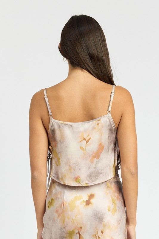 Tyra Floral Print Satin Drawstring Cami Top