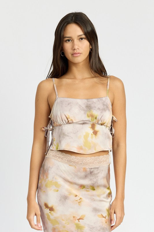 Tyra Floral Print Satin Drawstring Cami Top