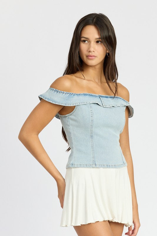 Kerinha Off Shoulder Ruffle Hem Denim Bustier Top