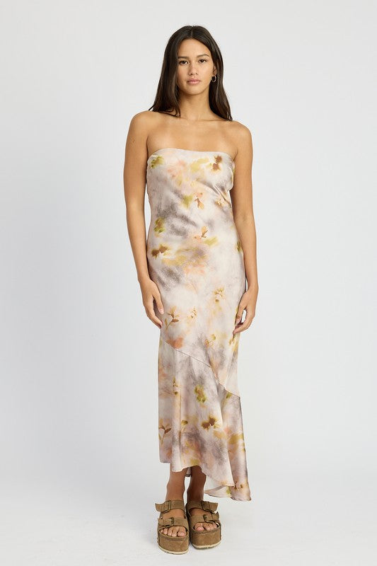 Tara Strapless Asymmetrical Hem Satin Maxi Dress