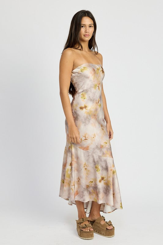 Tara Strapless Asymmetrical Hem Satin Maxi Dress