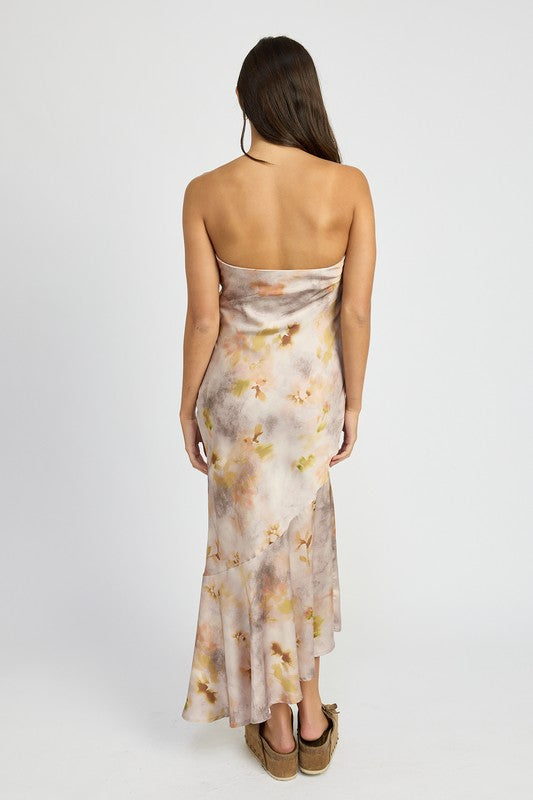 Tara Strapless Asymmetrical Hem Satin Maxi Dress