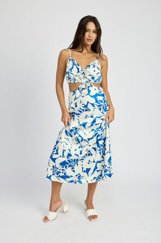 Santorini Flower Print Bias Hem Satin Midi Dress