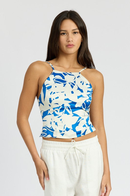 Santorini Floral Print Lace Up Open Back Halter Top