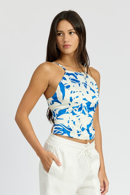 Santorini Floral Print Lace Up Open Back Halter Top