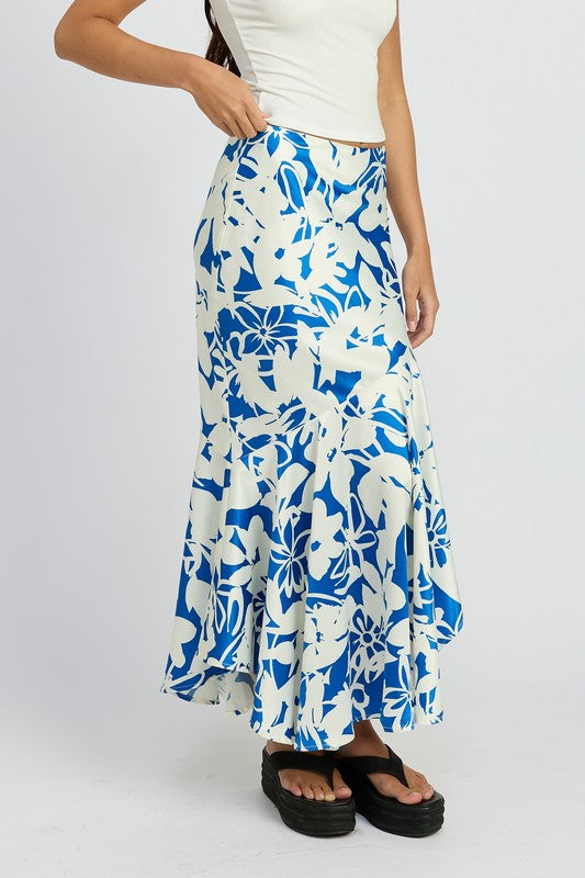 Santorini Floral Print Asymmetrical Tiered Hem Maxi Skirt