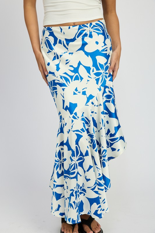 Santorini Floral Print Asymmetrical Tiered Hem Maxi Skirt