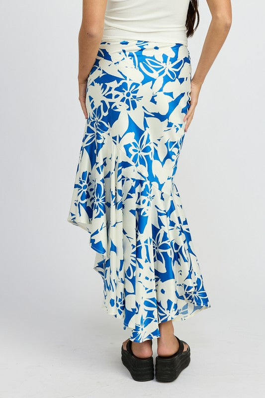 Santorini Floral Print Asymmetrical Tiered Hem Maxi Skirt