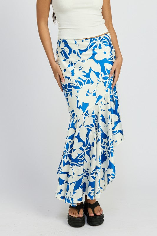 Santorini Floral Print Asymmetrical Tiered Hem Maxi Skirt