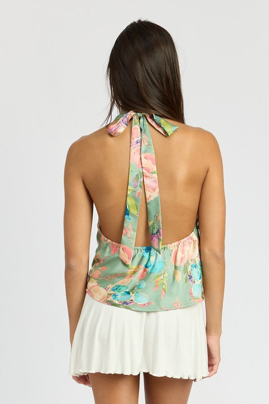 Santana Floral Print Bias Cowl Neck Satin Halter Top