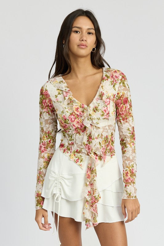 Juliette Floral Print Long Sleeve Lace Blouse Top