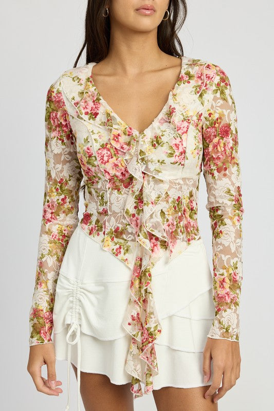 Juliette Floral Print Long Sleeve Lace Blouse Top