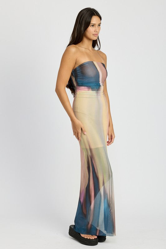 Hazel Shirred Mesh Overlay Tube Maxi Dress