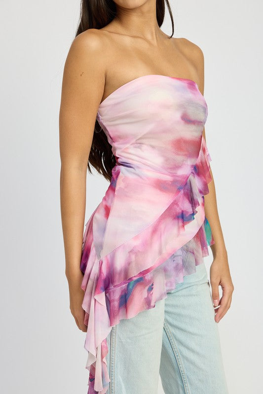 Remi Asymmetrical Ruffle Hem Strapless Tube Top