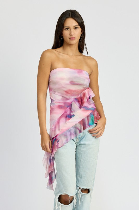 Remi Asymmetrical Ruffle Hem Strapless Tube Top