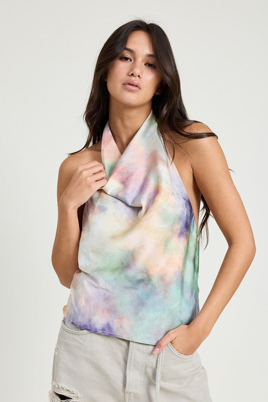 Nora Tie Dye Cowl Neck Satin Top