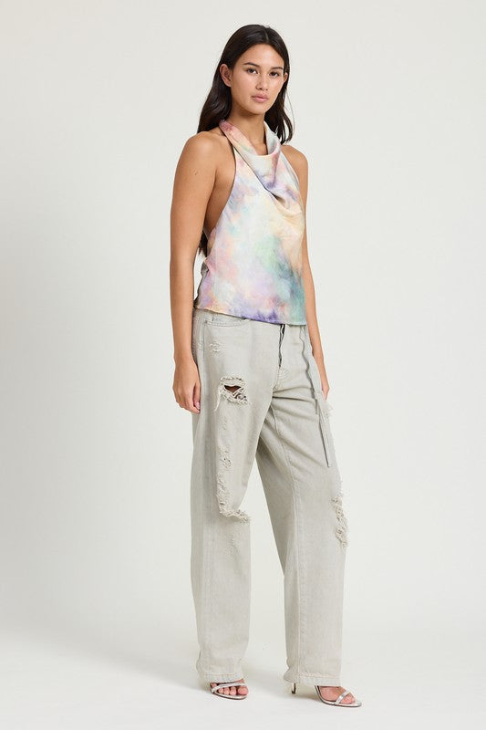 Nora Tie Dye Cowl Neck Satin Top