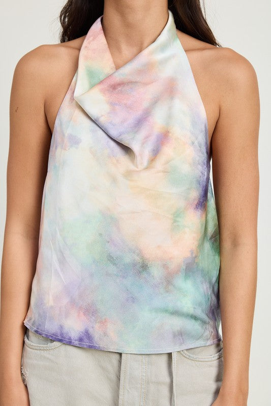 Nora Tie Dye Cowl Neck Satin Top