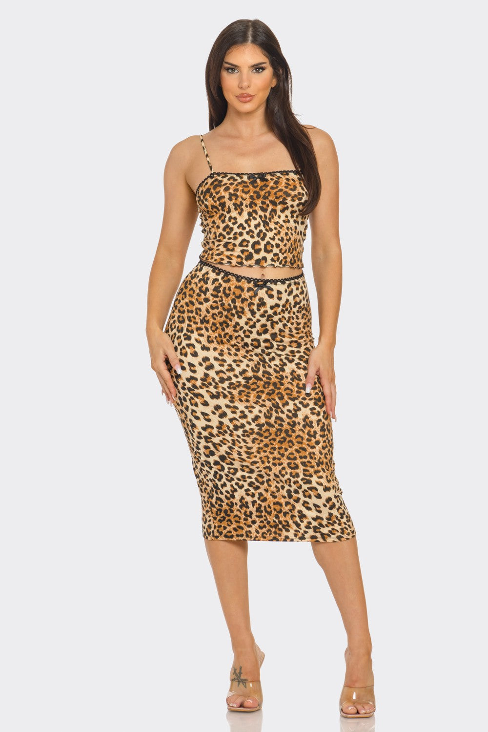 Sofia Cheetah Print Bow Ribbon Detail Cami Top &amp; Skirt Set