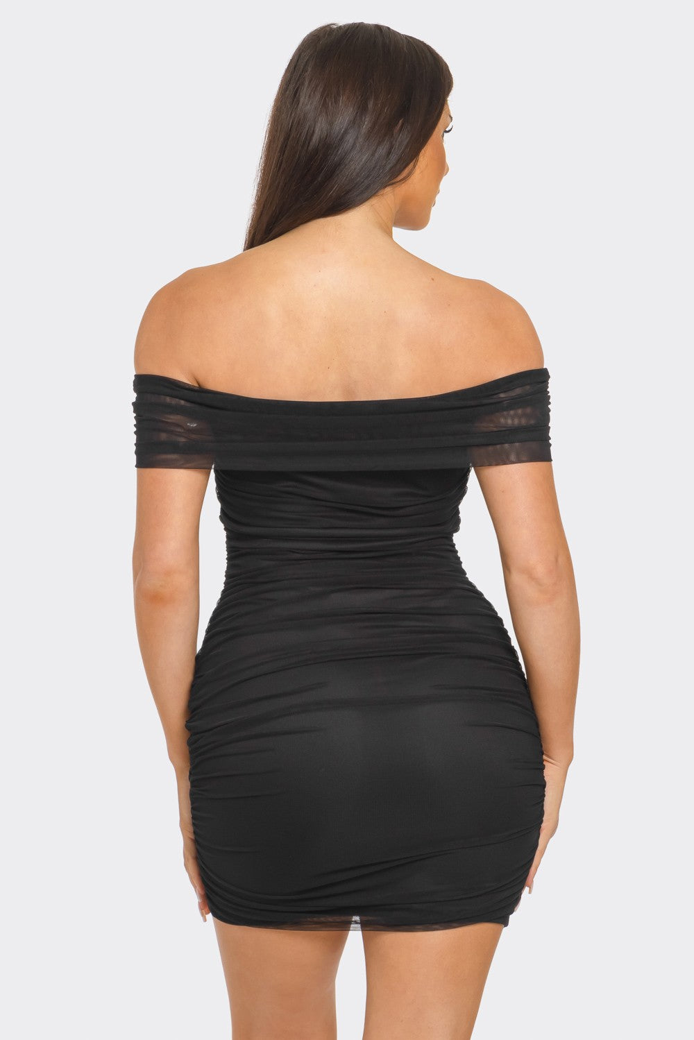 Sabrina Fold Over Off The Shoulder Ruched Mesh Dress