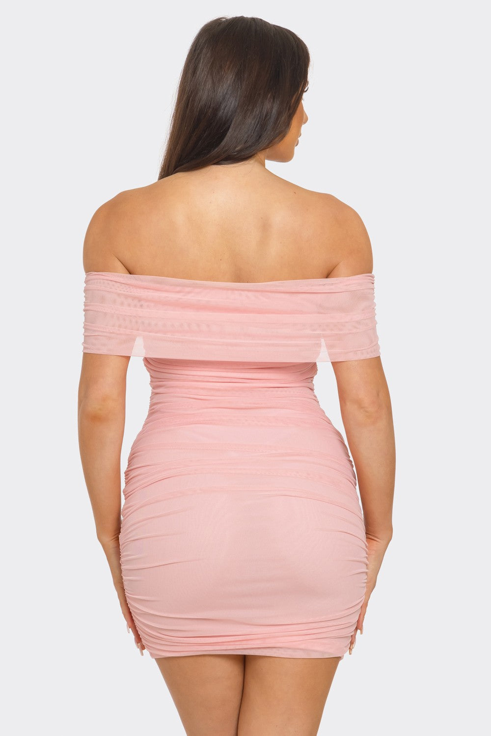 Sabrina Fold Over Off The Shoulder Ruched Mesh Dress