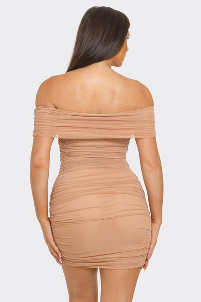 Sabrina Fold Over Off The Shoulder Ruched Mesh Dress