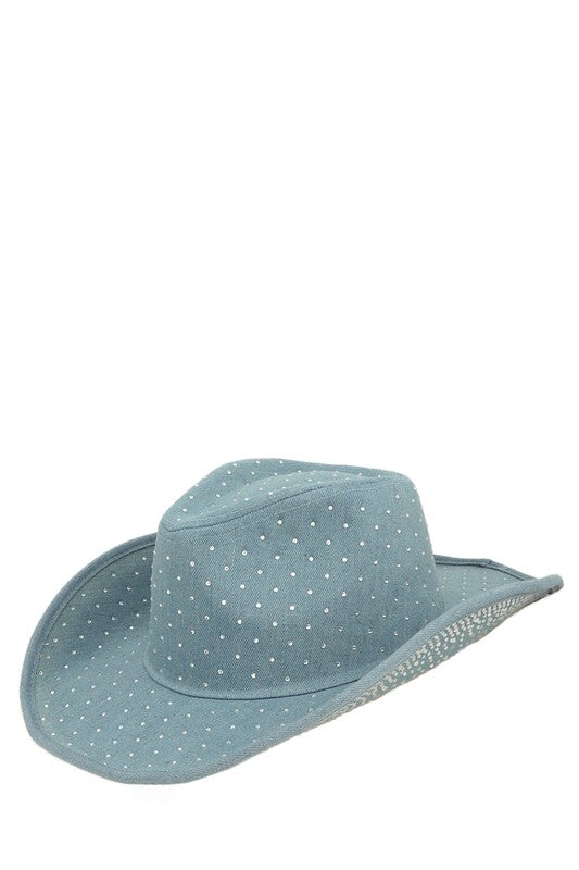Studded Rhinestone Denim Cowboy Hat
