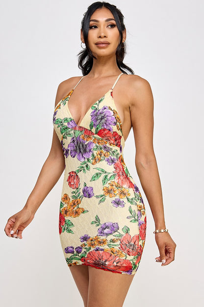 Carla Floral Lace Mesh Overlay Deep V Mini Dress