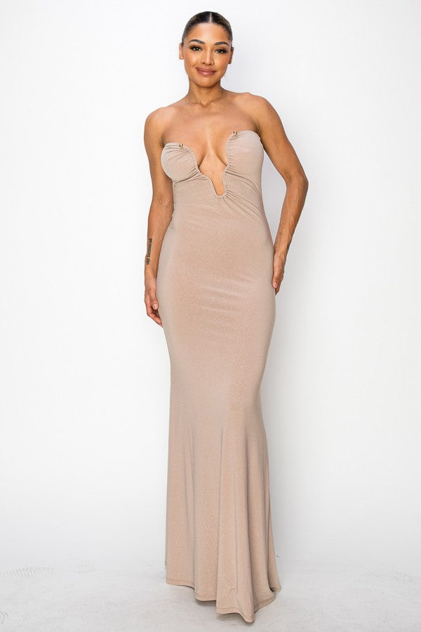 Sierra Deep V Glitter Knit Strapless Maxi Dress