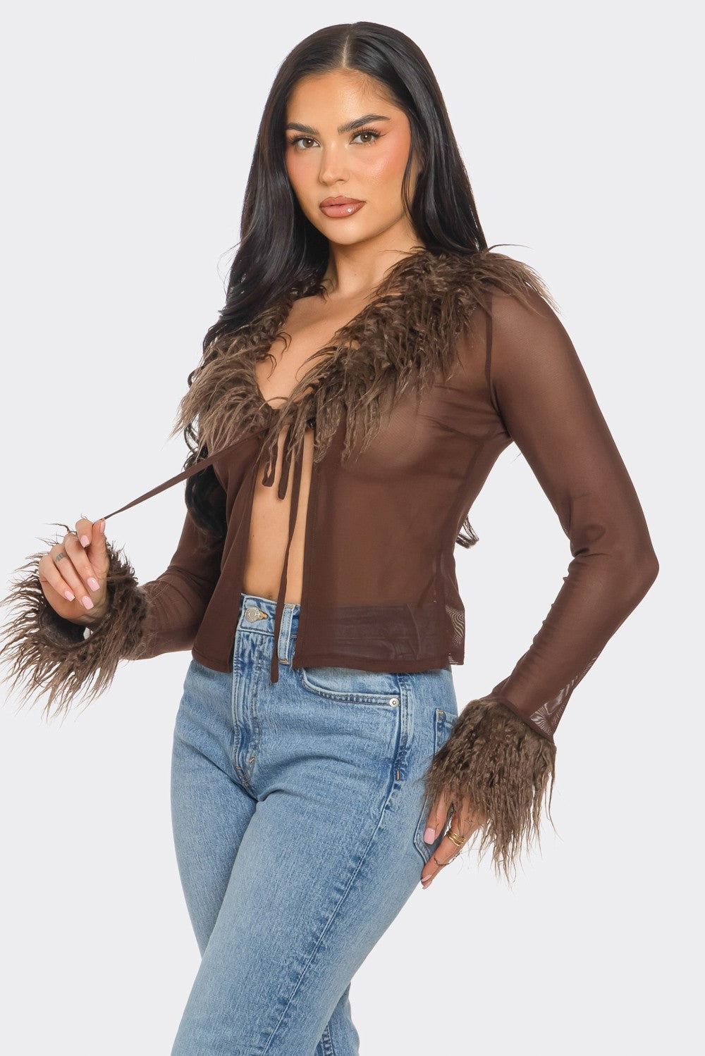 Bianca Faux Fur Trim Long Sleeves Tie Front Mesh Top