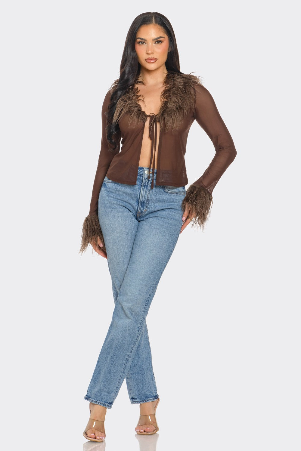 Bianca Faux Fur Trim Long Sleeves Tie Front Mesh Top