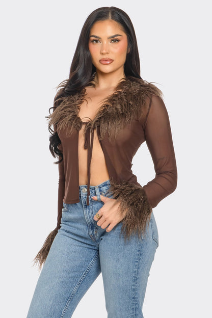 Bianca Faux Fur Trim Long Sleeves Tie Front Mesh Top