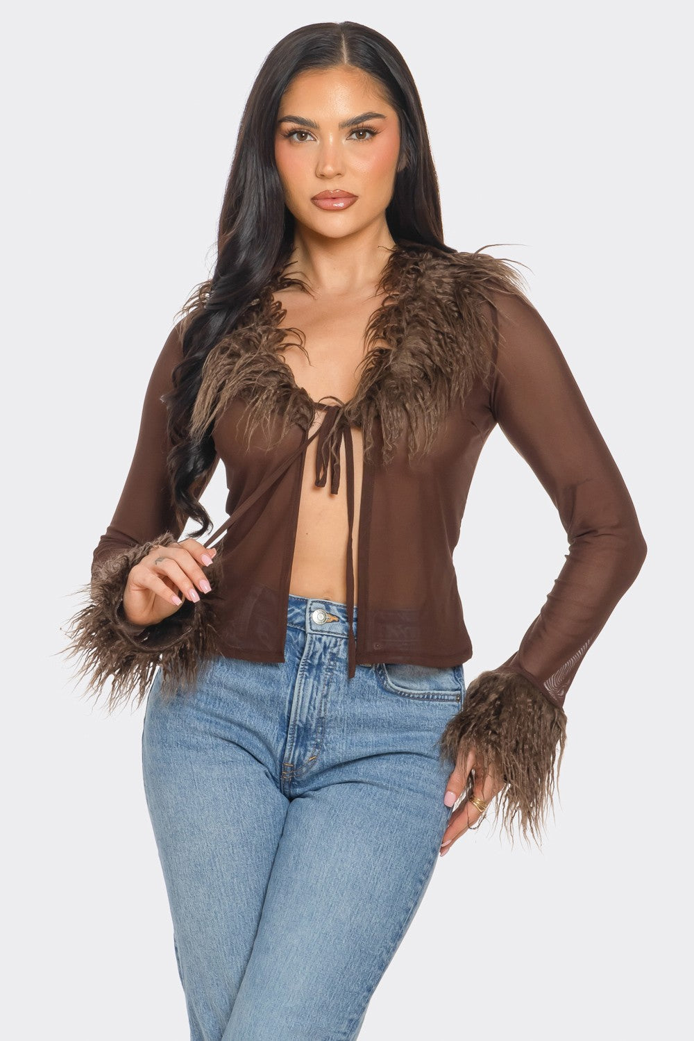 Bianca Faux Fur Trim Long Sleeves Tie Front Mesh Top