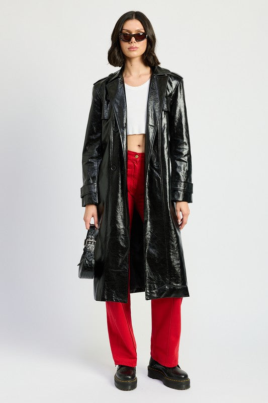 Viktoria Faux Leather Double Breasted Trench Coat