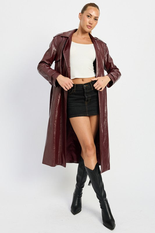 Viktoria Faux Leather Double Breasted Trench Coat