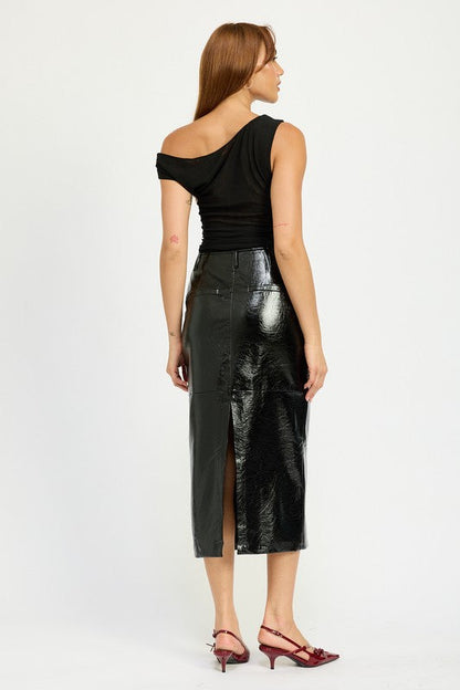 Laika Faux Leather Back Slit Pencil Midi Skirt