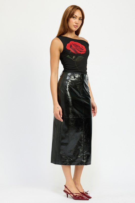 Laika Faux Leather Back Slit Pencil Midi Skirt