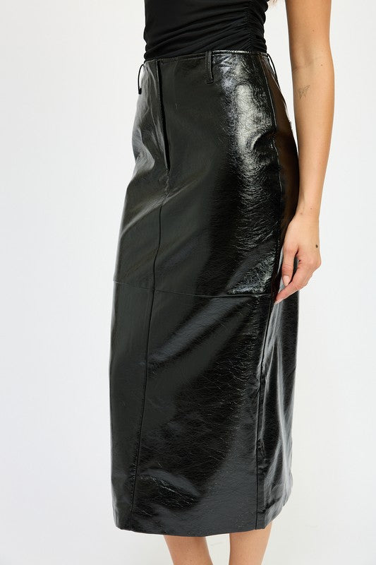 Laika Faux Leather Back Slit Pencil Midi Skirt